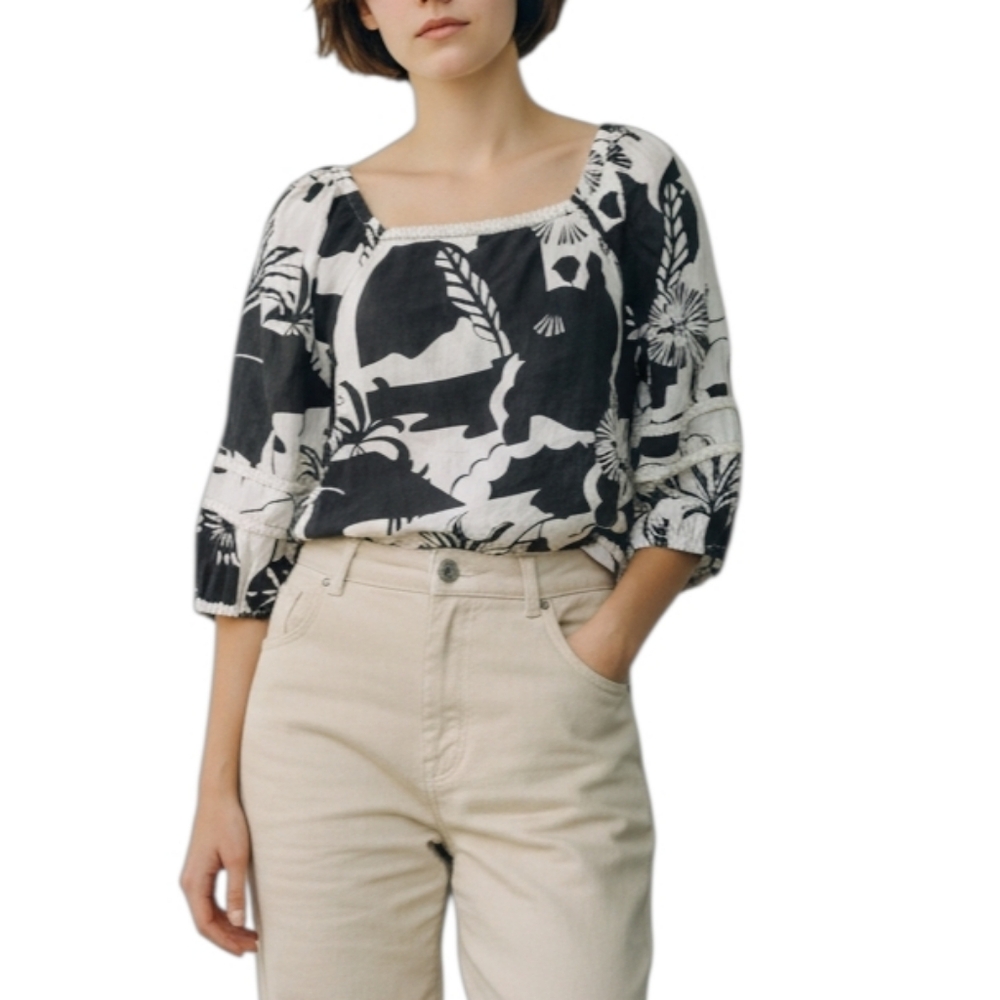 🦜 2/$10 Nicole Miller Linen Black and White Patterned Crop Blouse. Large.
